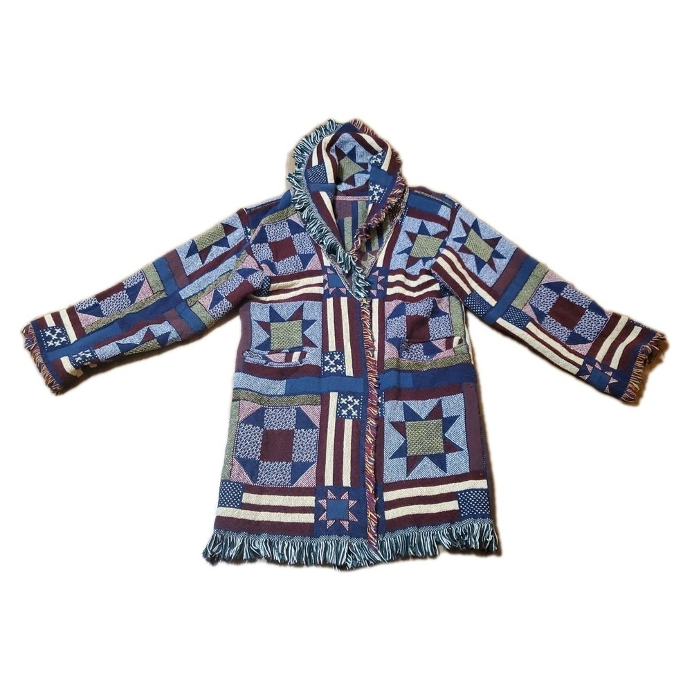 Vintage 80s American Flag Tapestry Cotton Fringe Western Bohemian Jacket